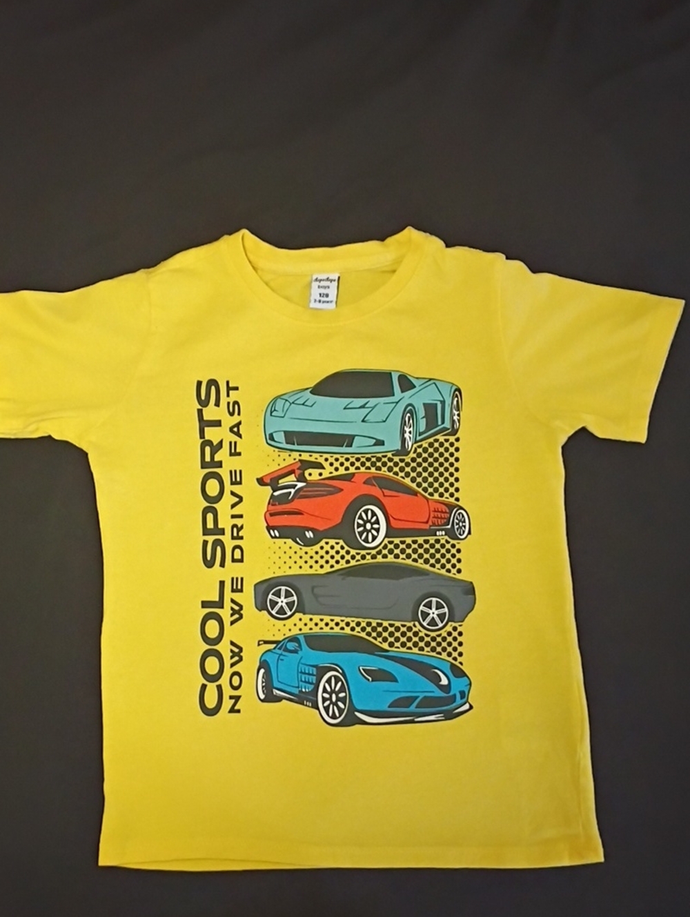 Yellow 'Cool Sports' Kids Graphic Tee with Race Car Print